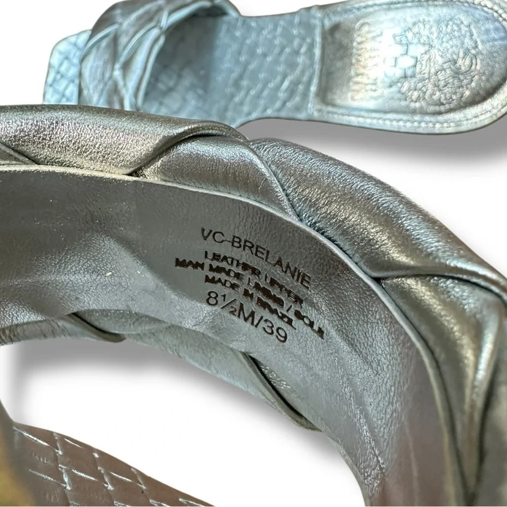 Vince Camuto Brelanie Silver Leather Braided Strap Heeled Slide Sandals | 8.5